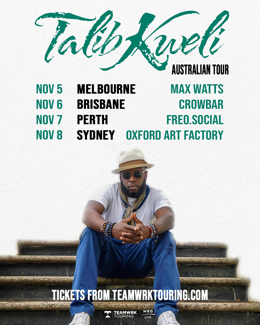 Tour poster for Talib Kweli's Australian tour: features November concert dates for Melbourne, Brisbane, Perth, and Sydney over his photo.
